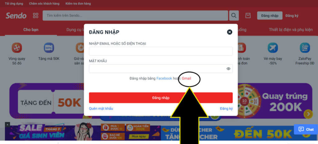 đăng nhập Sendo bằng gmail