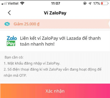 Xác nhận liên kết ví Zalo Pay với Lazada