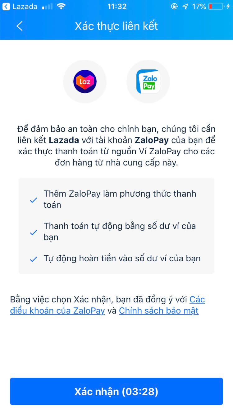 Xác thực liên kết ZaloPay với tài khoản Lazada