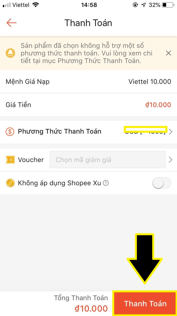 Chọn phương thức thanh toán khi mua mã thẻ điện thoại Shopee