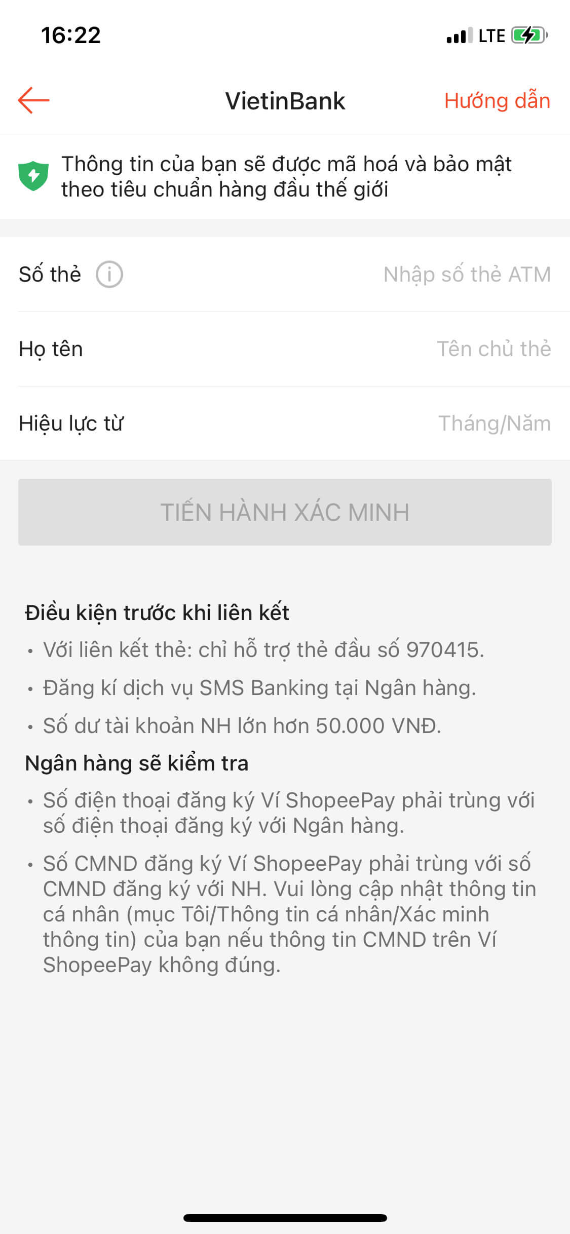 Điền thông tin thẻ ngân hàng để liên kết với ví ShopeePay