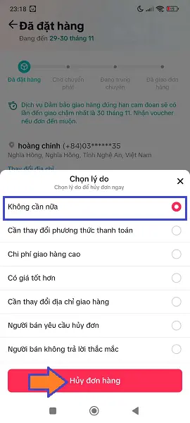 Cách hủy đơn hàng trên Tiktok