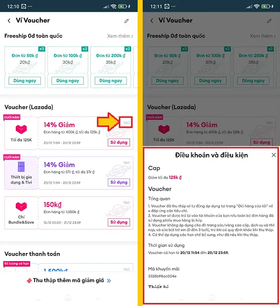 xem điều kiện voucher Lazada