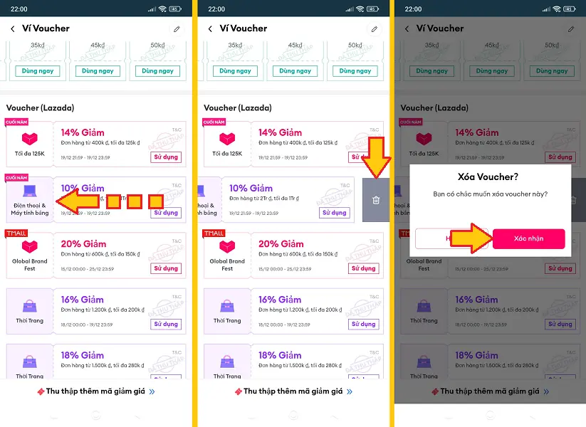 xóa voucher Lazada đã lưu trong ví Voucher