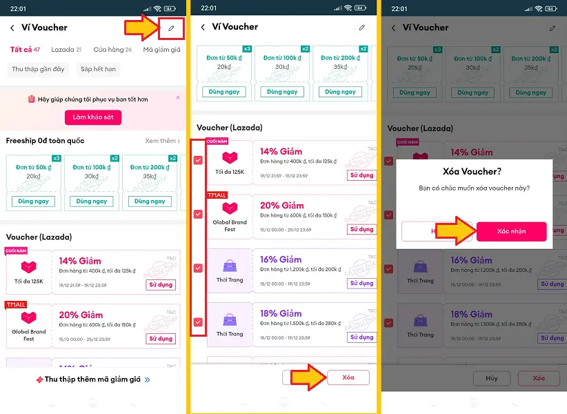 xóa voucher Lazada đã lưu trong ví Voucher