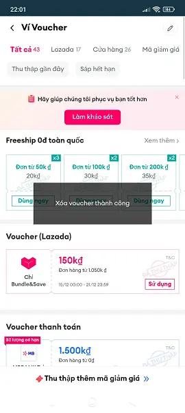 xóa voucher Lazada đã lưu trong ví Voucher