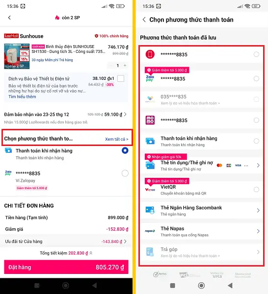 Các phương thức thanh toán trên Lazada