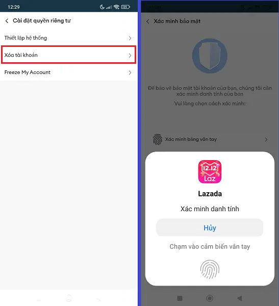 xóa tài khoản Lazada