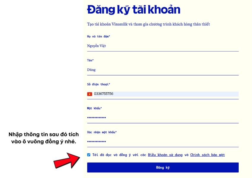 Nhập thông tin và đăng kí tài khoản màu hàng vinamilk