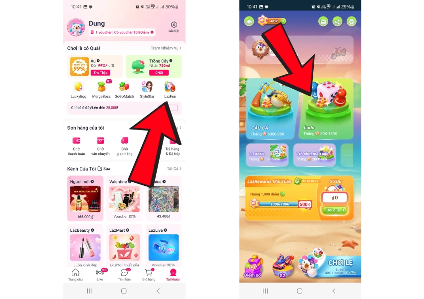 Cách vào game Ludo Lazada