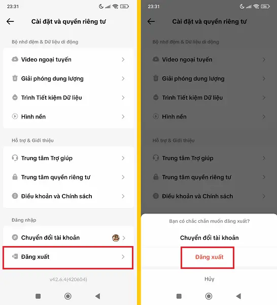 đăng xuất tài khoản Tikitok